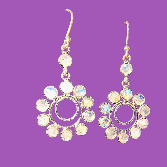 Rainbow Moonstone And Sterling Silver Artisan Flower Earrings - Picture 1 of 8